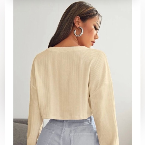 SHEIN - Beige V-neck Drop Shoulder Rib-knit Crop Tee - Picture 2 of 4